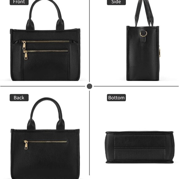 Black PU Leather Tote Bag for Women, Multi-Pocket, Travel-Compatible - Picture 6 of 8